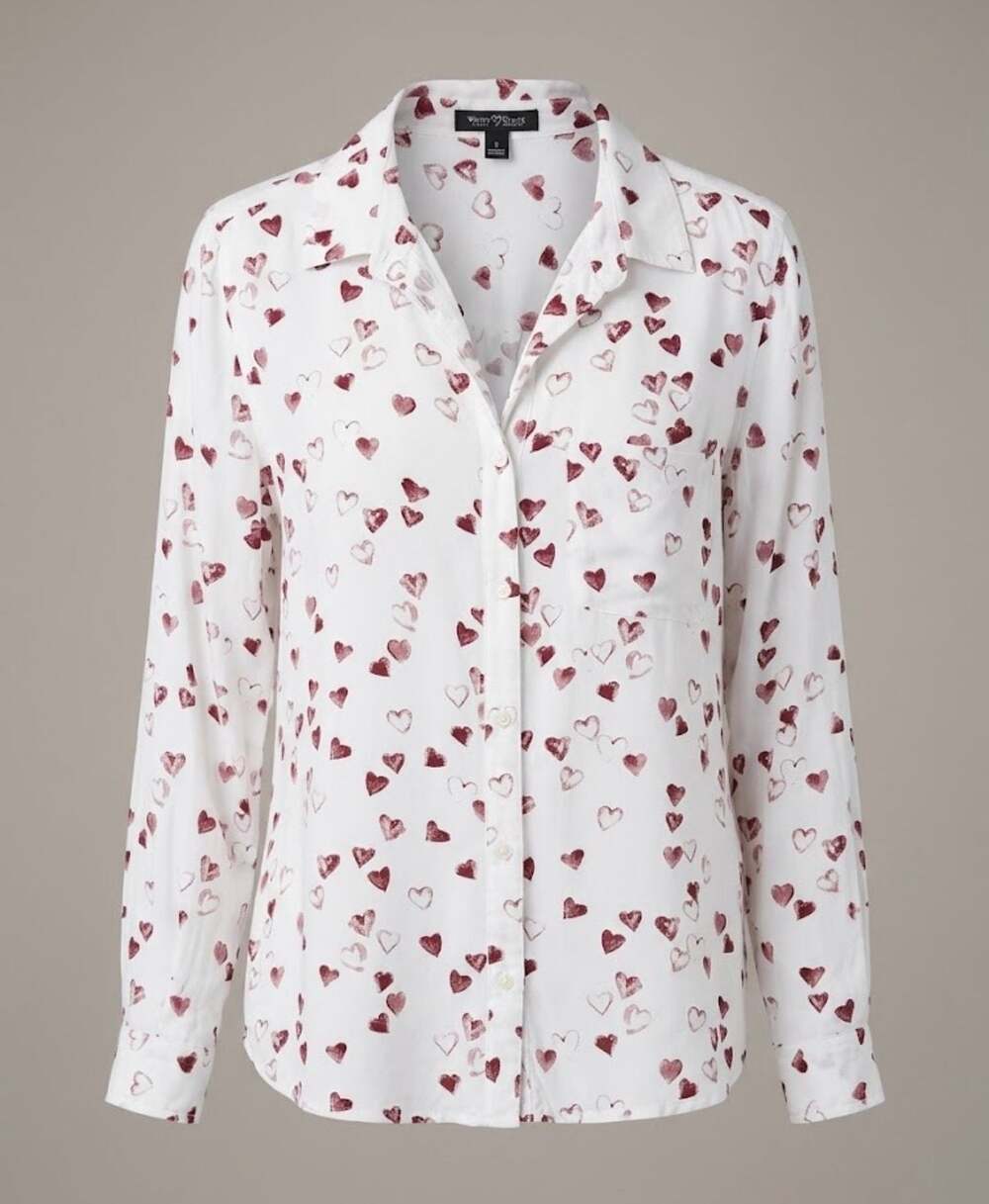 Velvet Heart White Red Heart Print Long Sleeve Button-Up Shirt